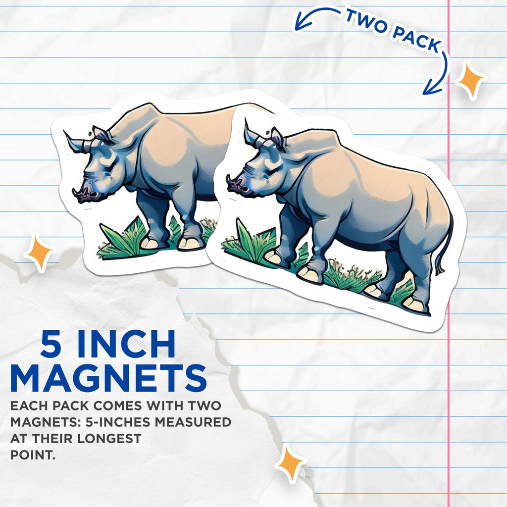 (2 Pack) Rhinoceros Magnets - African Wildlife Refrigerator Decor - Safari Animal Art - Rhino Illustration Accessory - 5 Inches On Longest Side - Thick Durable Magnet - Made in USA - MAG21557
