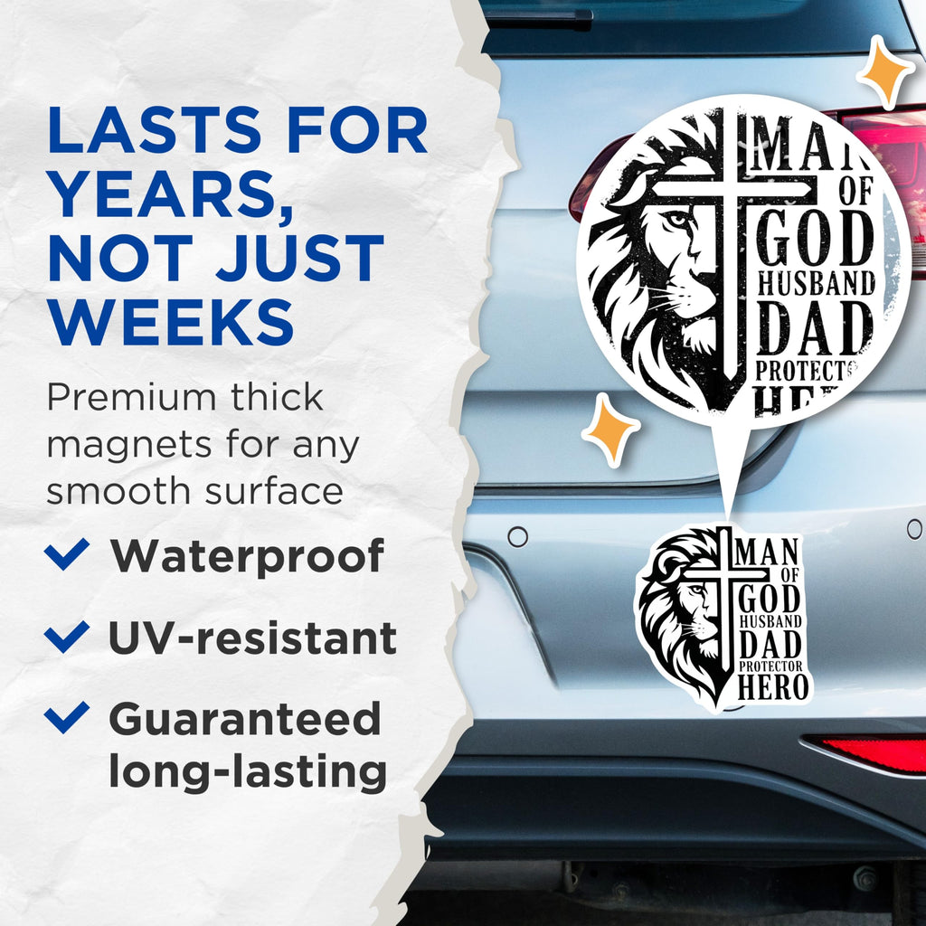 (2 Pack) Man of God Magnets - Christian Dad Husband - Protector Hero Faith Decor - 5 Inches On Longest Side - Thick Durable Magnet - Made in USA - MAG29448