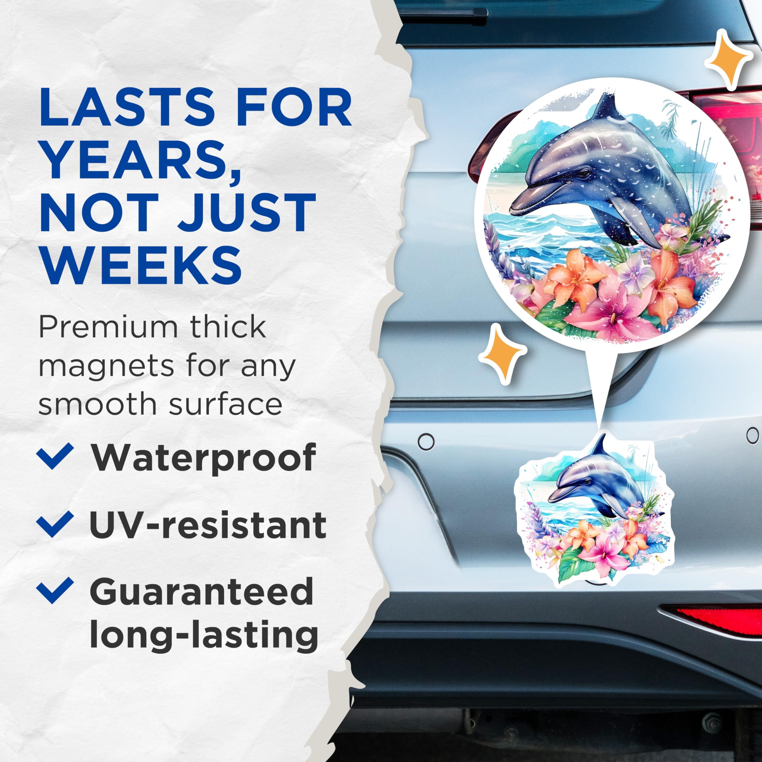 (2 Pack) Dolphin Magnets - Tropical Ocean Art - Watercolor Marine Life Decor - 5 Inches On Longest Side - Thick Durable Magnet - Made in USA - MAG20945