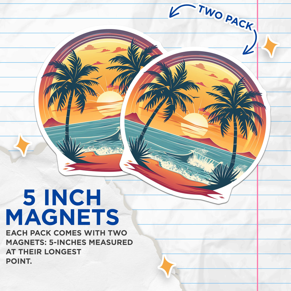 (2 Pack) Tropical Beach Sunset Magnets - Palm Tree Ocean Wave - Retro Summer Vacation Vibe - Coastal Decor - 5 Inches On Longest Side - Thick Durable Magnet - Made in USA - MAG36085