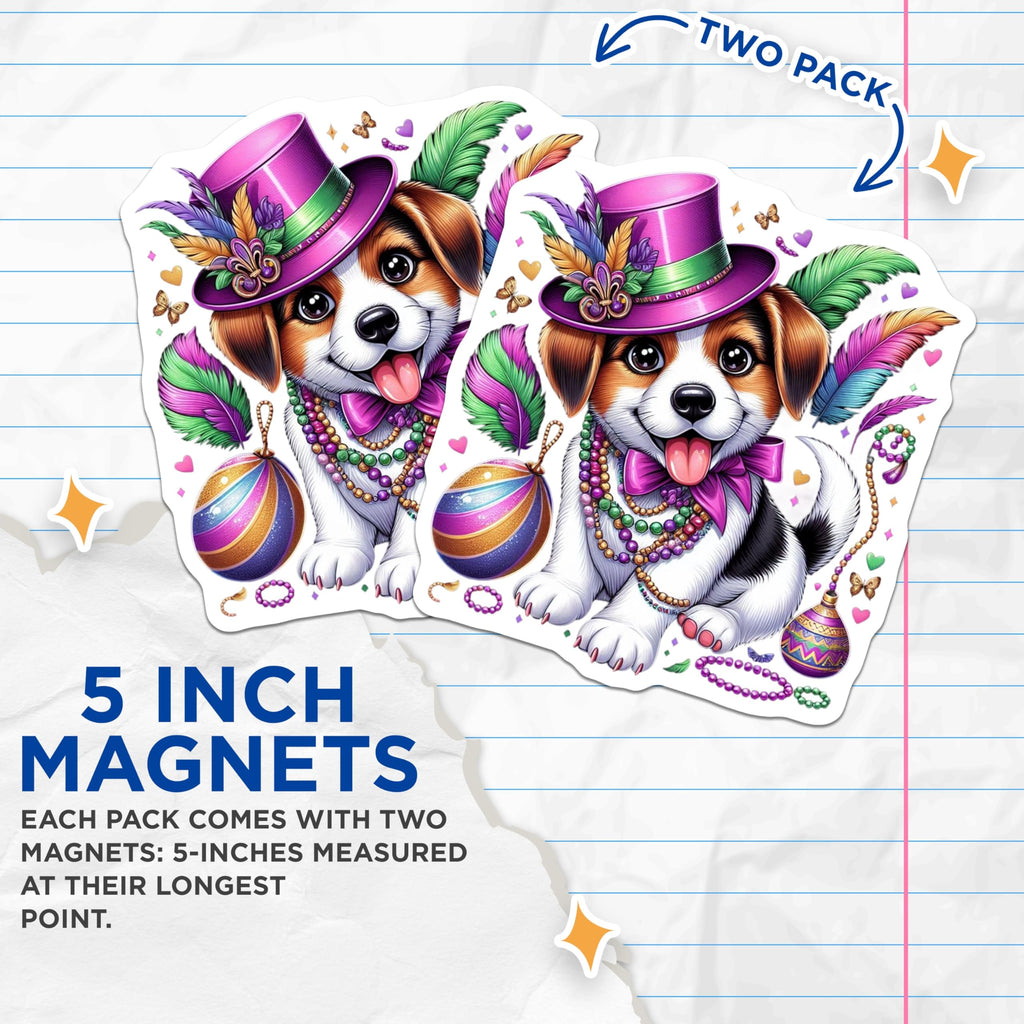 (2 Pack) Mardi Gras Puppy Magnets - Dog Carnival Decor - Party Celebration Souvenirs - 5" On Longest Side - Premium Magnet - for Cars, Refrigerators, Toolboxes, Lockers - Made in USA - MAG14759