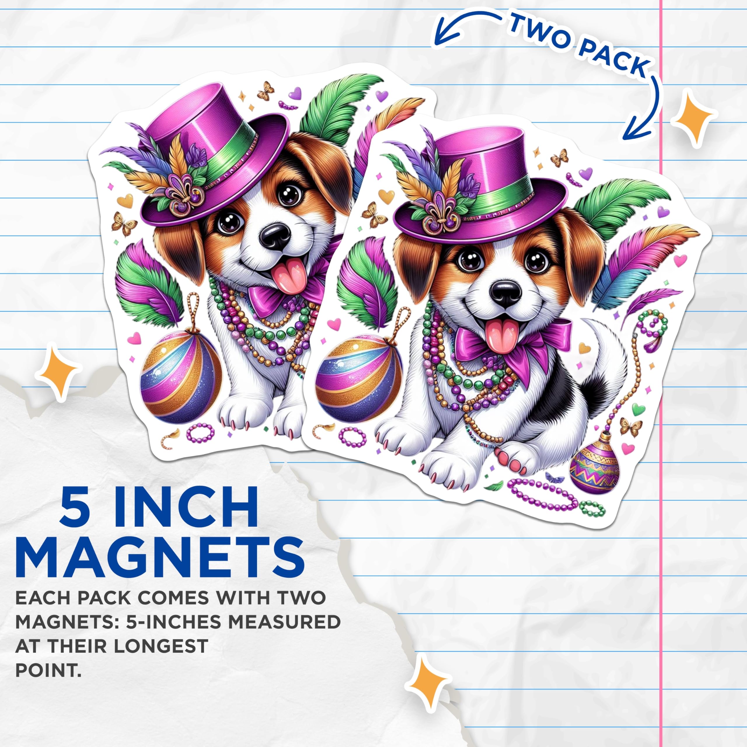 (2 Pack) Mardi Gras Puppy Magnets - Dog Carnival Decor - Party Celebration Souvenirs - 5" On Longest Side - Premium Magnet - for Cars, Refrigerators, Toolboxes, Lockers - Made in USA - MAG14759