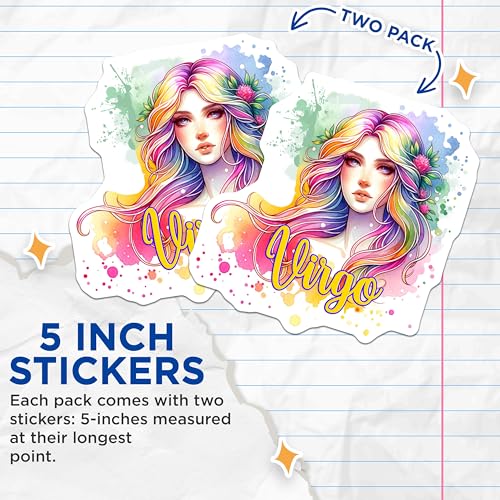 (2 Pack) Virgo Stickers - Zodiac Sign Sticker - Astrology Sticker - Colorful Art Stickers - Celestial Stickers - 5" On Longest Side - Sticks to Smooth Flat Surfaces - Made in USA - BMCS6794