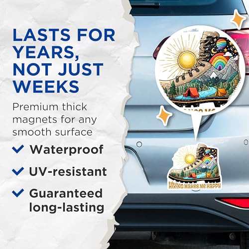 (2 Pack) Hiking Makes Me Happy Magnets - Outdoor Lover Magnets - Adventure Enthusiast Magnets - 5" On Longest Side - for Cars, Refrigerators, Toolboxes, Lockers - Made in USA BMCS3261