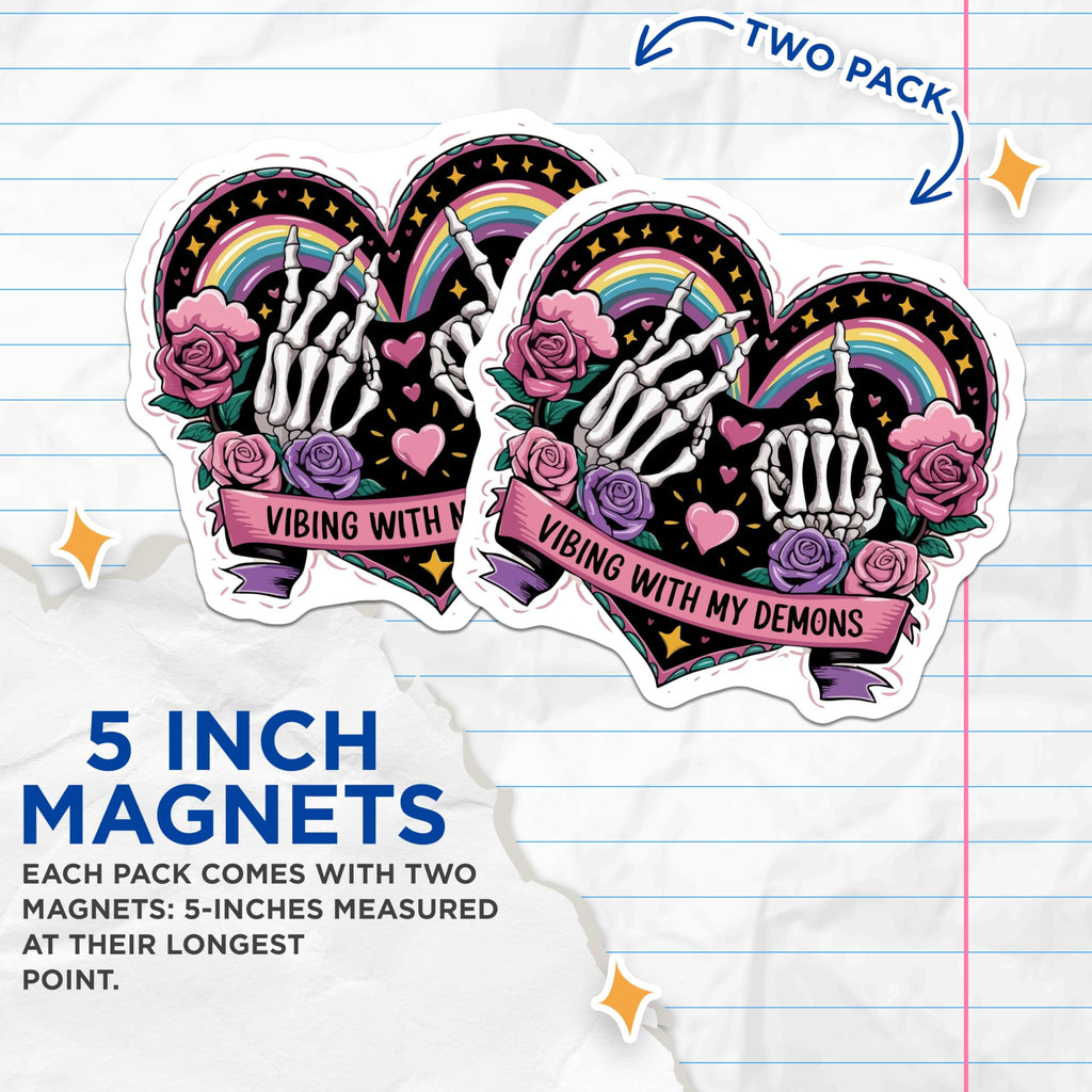 (2 Pack) Skeleton Hands Magnets - Vibing with My Demons Quote - Gothic Rainbow Emo Alternative Refrigerator Decor - 5 Inches On Longest Side - Thick Durable Magnet - Made in USA - MAG20997