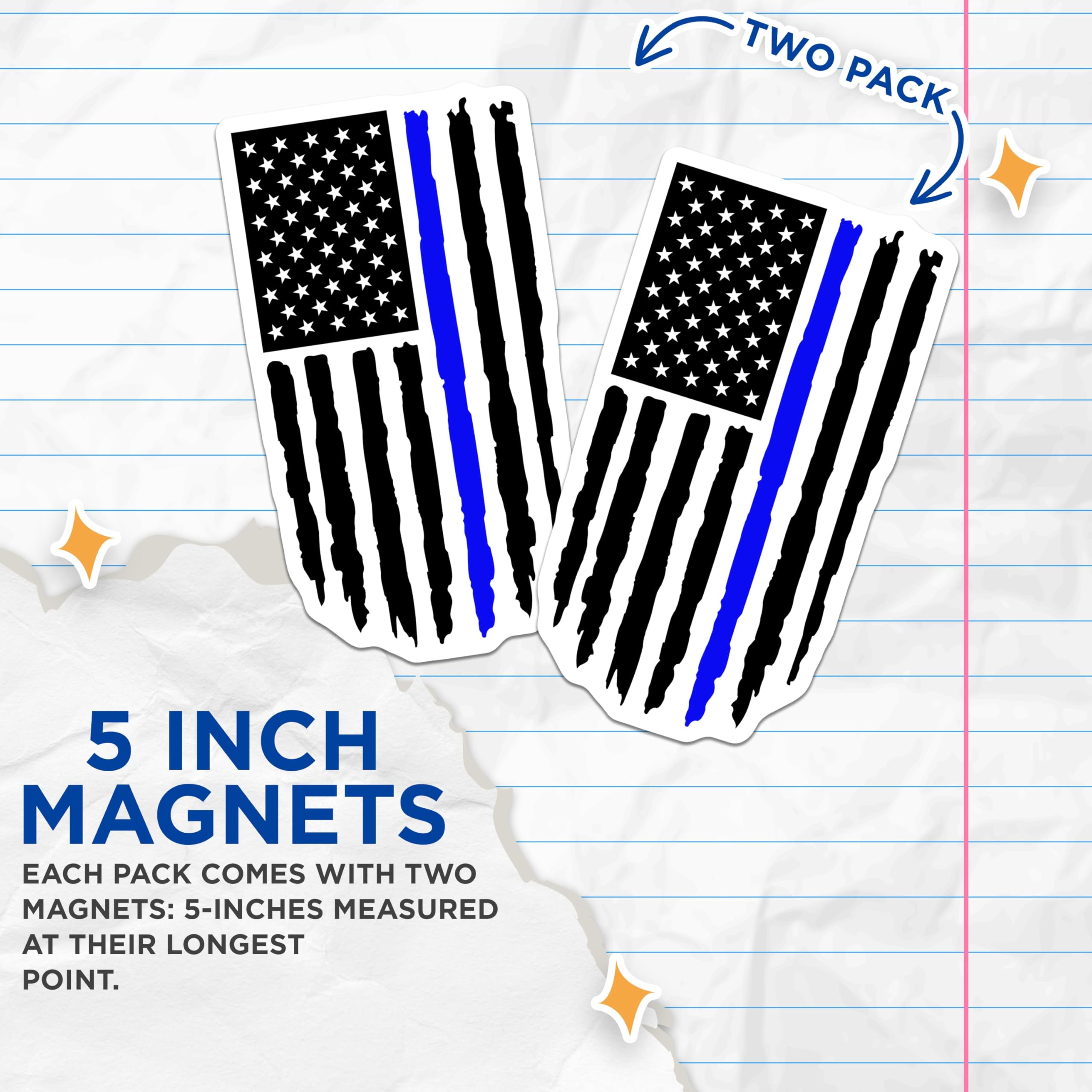 (2 Pack) Thin Blue Line Magnets - American Flag Support - Law Enforcement Officer Symbol - Distressed Police Flag - 5 Inches On Longest Side - Thick Durable Magnet - Made in USA - MAG21050