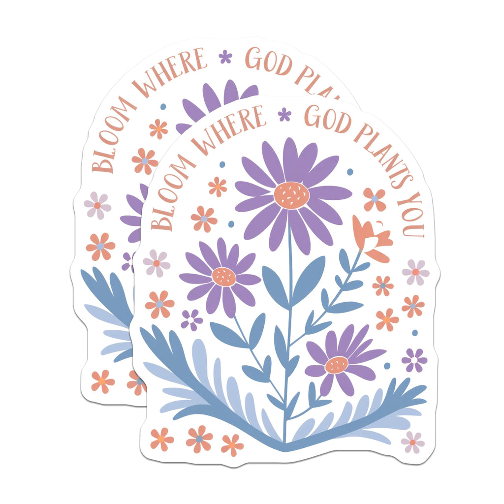 (2 Pack) Bloom Where You are Planted Stickers - Floral Quote Sticker - Inspirational Flower Stickers 5" On Longest Side - Sticks to Smooth Flat Surfaces - Made in USA - BMCS12960