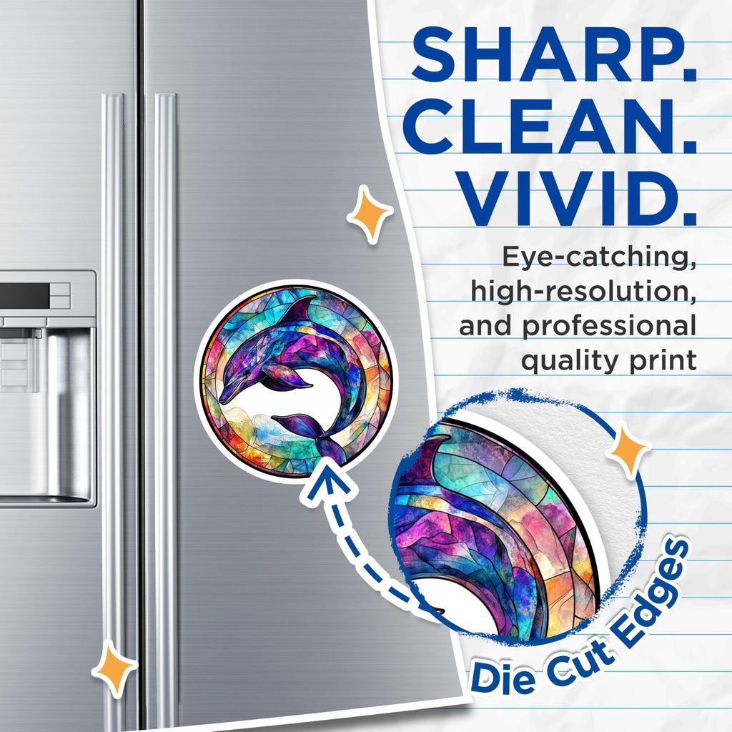 (2 Pack) Stained Glass Dolphin Magnets - Vibrant Ocean Art - Marine Life Decor - Fridge Magnets - Dolphin Lover Present - 5 Inches On Longest Side - Thick Durable Magnet - Made in USA - MAG27382