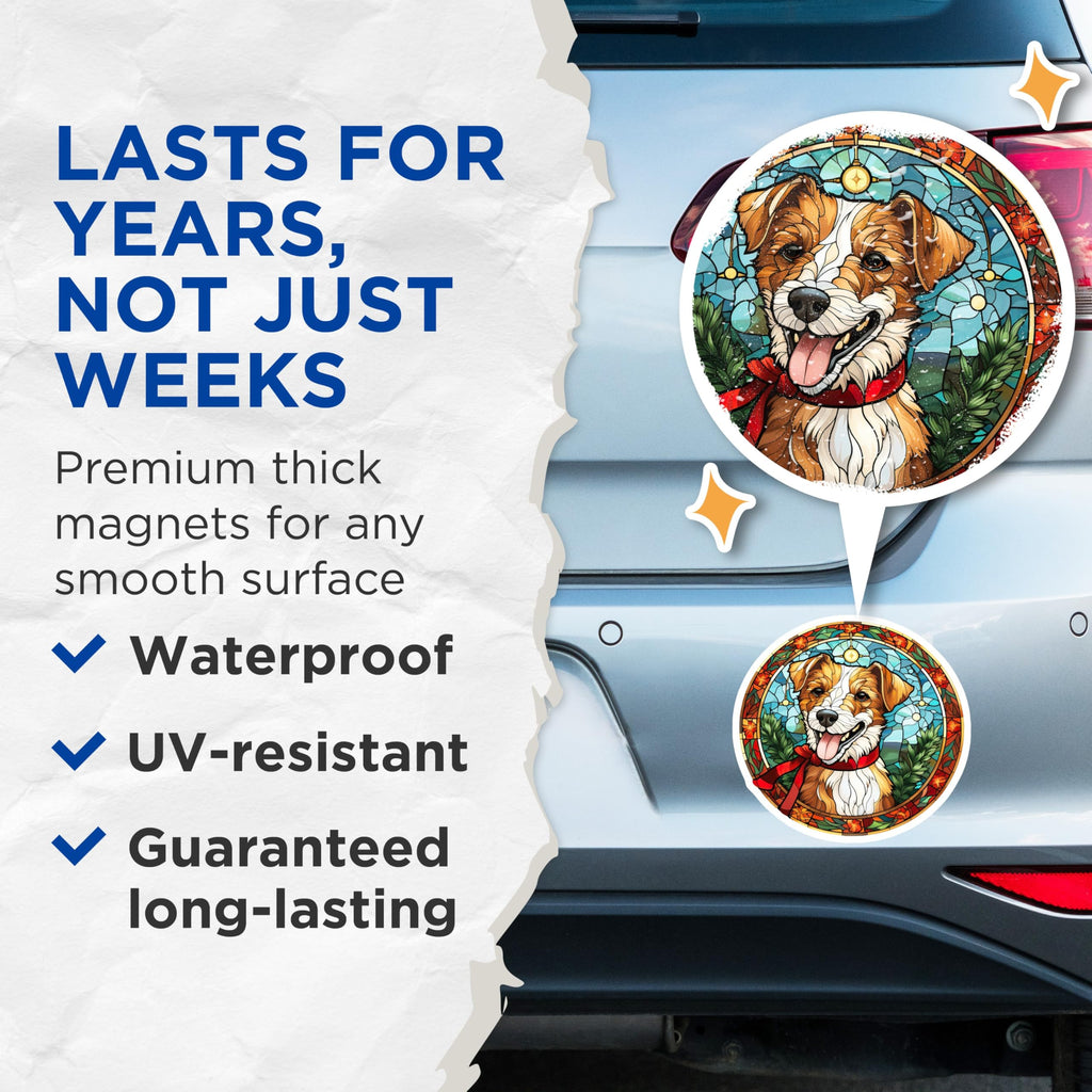 (2 Pack) Stained Glass Dog Magnets - Christmas Pet Art - Festive Refrigerator Decor - 5 Inches On Longest Side - Thick Durable Magnet - Made in USA - MAG27288