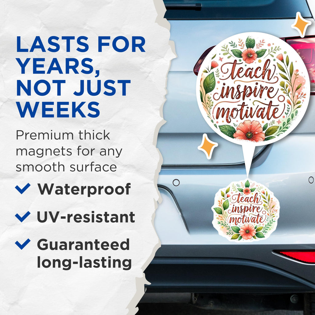 (2 Pack) Teach Inspire Motivate Magnets - Motivational Quote - Floral - Teacher Appreciation - Inspirational - 5" On Longest Side - for Cars, Fridges, Toolboxes - Made in USA - MAG4421