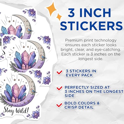 (3 Pack) Stay Wild Decals - Crescent Moon Crystals - Boho Laptop Decal- 3 Inches On Longest Side - Easy Peel & Apply - Made in USA - 3MCS5300