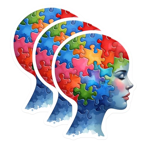 (3 Pack) Puzzle Head Decals - Mental Health - Mind Jigsaw Sticker- 3 Inches On Longest Side - Easy Peel & Apply - Made in USA - 3MCS5730