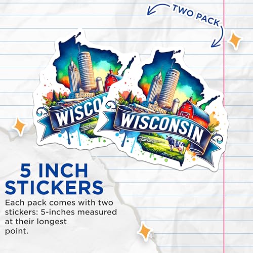 (2 Pack) Wisconsin Stickers - State Pride - Scenic Wisconsin Art - 5" On Longest Side - Sticks to Smooth Flat Surfaces - Made in USA - BMCS6516