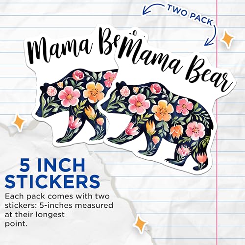 (2 Pack) Mama Bear Stickers - Floral Bear Stickers - Mom Stickers for Mother's Day - Animal Decal Stickers - 5" On Longest Side - Sticks to Smooth Flat Surfaces - Made in USA - BMCS3915