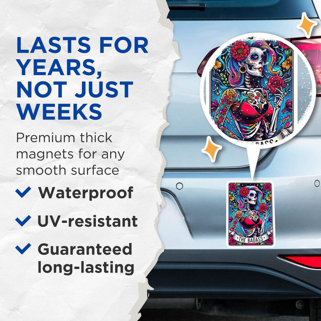 (2 Pack) Badass Sugar Skull Magnets - Dia de Los Muertos Decor - Strong Woman Art - 5 Inches On Longest Side - Thick Durable Magnet - Made in USA - MAG27925