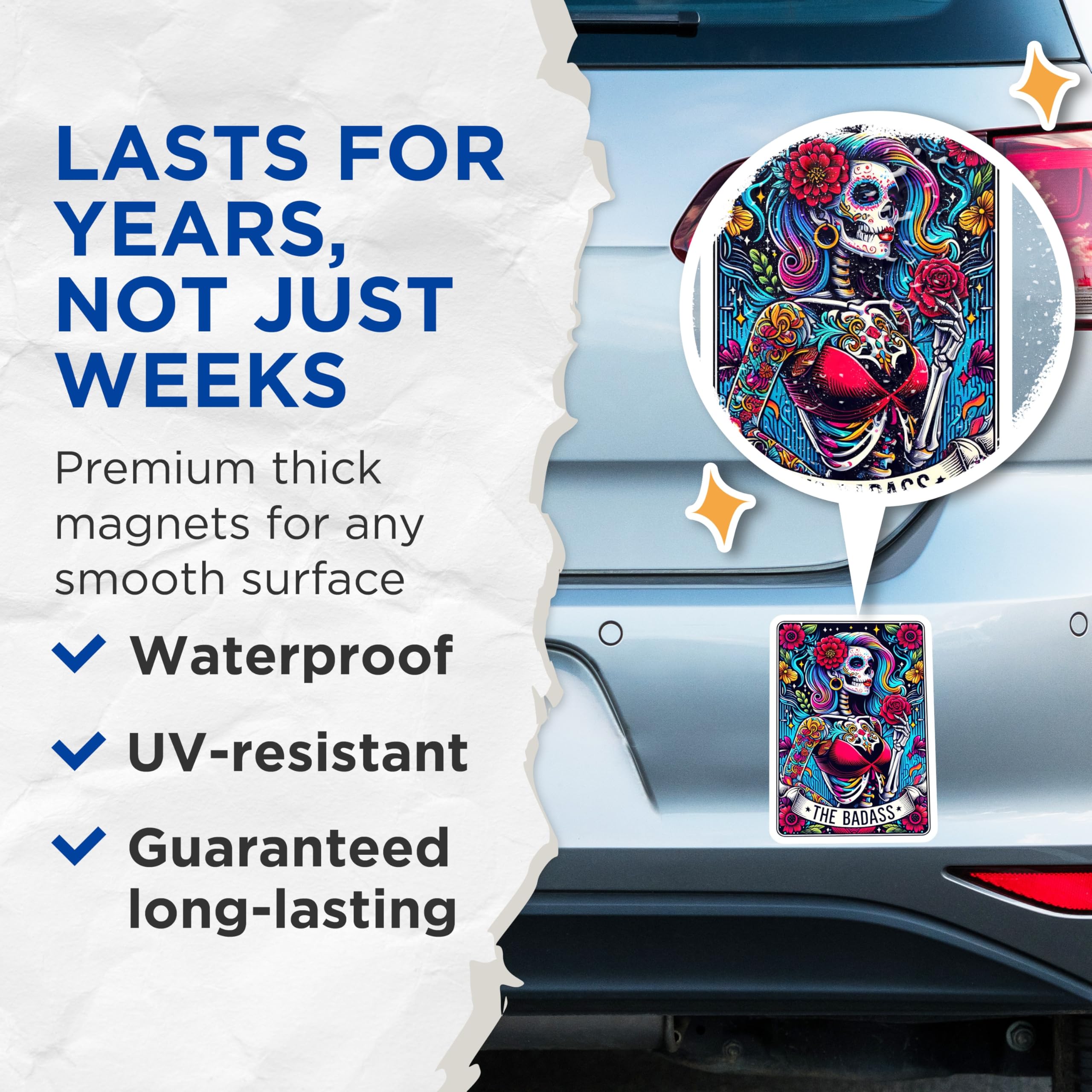(2 Pack) Badass Sugar Skull Magnets - Dia de Los Muertos Decor - Strong Woman Art - 5 Inches On Longest Side - Thick Durable Magnet - Made in USA - MAG27925