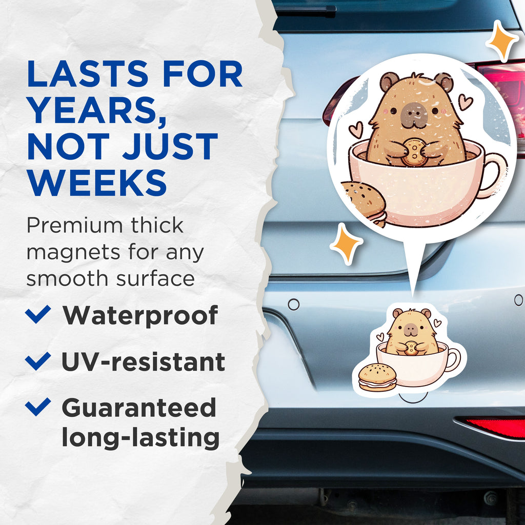 (2 Pack) Cute Capybara Magnets - Coffee Mug Cozy Animal Aesthetic - Kawaii Fridge Kitchen Locker Decor - 5 Inches On Longest Side - Thick Durable Magnet - Made in USA - MAG39583