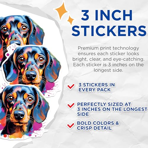 (3 Pack) Dachshund Decals - Colorful Dog Art Stickers - Weiner Dog Laptop Decals - 3 Inches On Longest Side - Easy Peel & Apply - Made in USA - 3MCS0714