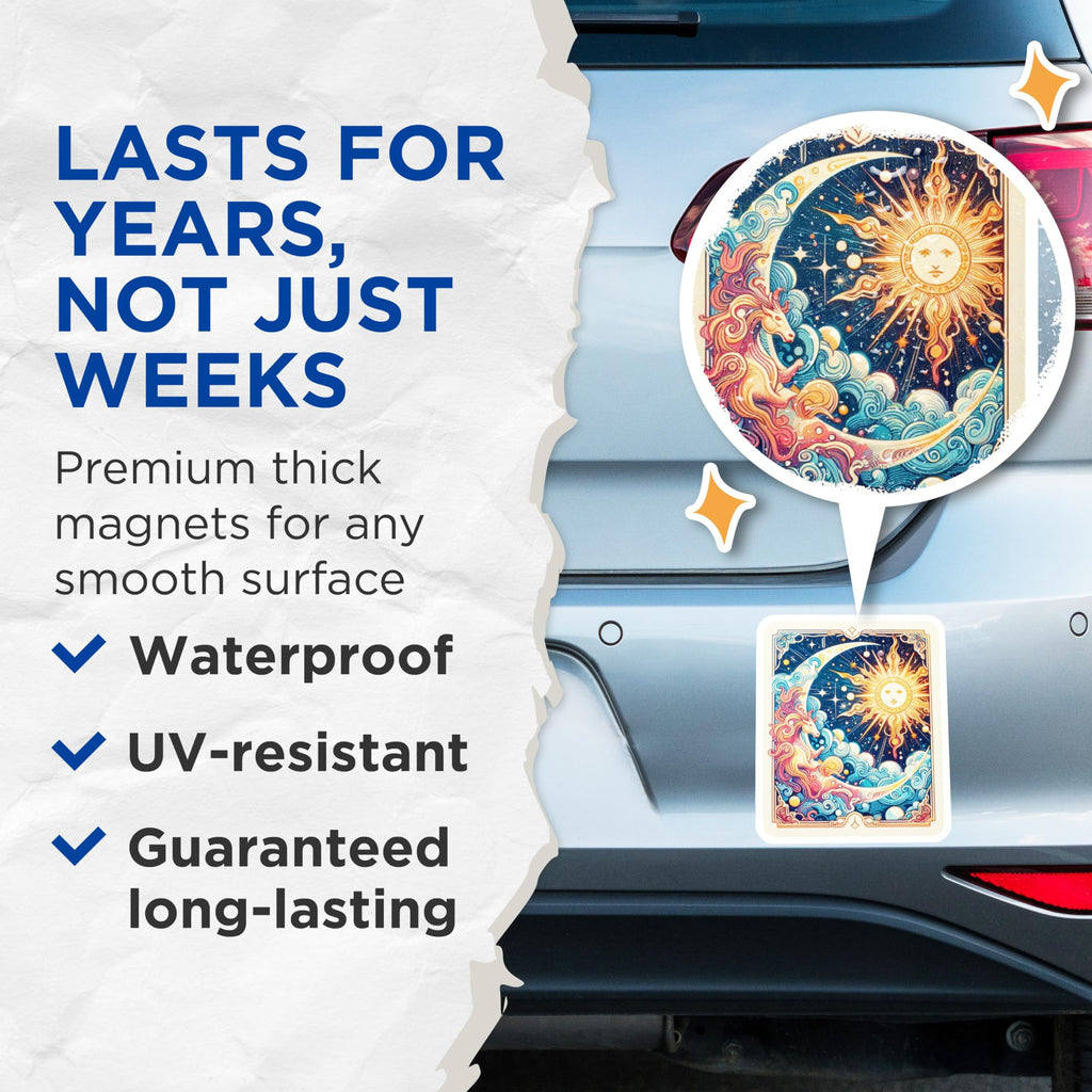 (2 Pack) Celestial Unicorn Magnets - Sun and Moon Art - Whimsical Fridge Decor - 5" On Longest Side - Premium Magnet - for Cars, Refrigerators, Toolboxes, Lockers - Made in USA - MAG14675