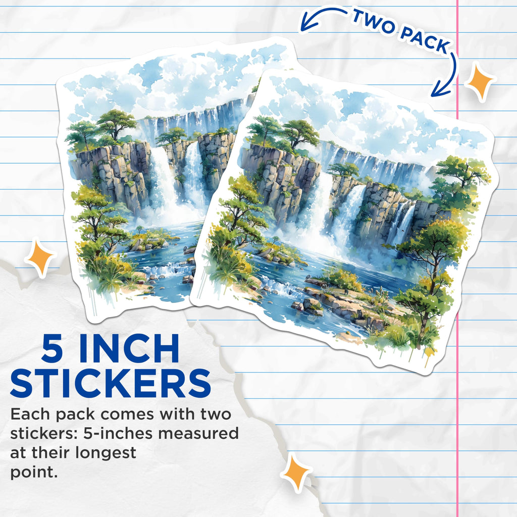 (2 Pack) Nature Waterfall Stickers - Beautiful Waterfall Scenery - Outdoor Adventure Stickers - Travel Scrapbook Stickers - 5" On Longest Side - Sticks to Smooth Flat Surfaces - Made in USA - BMCS5202