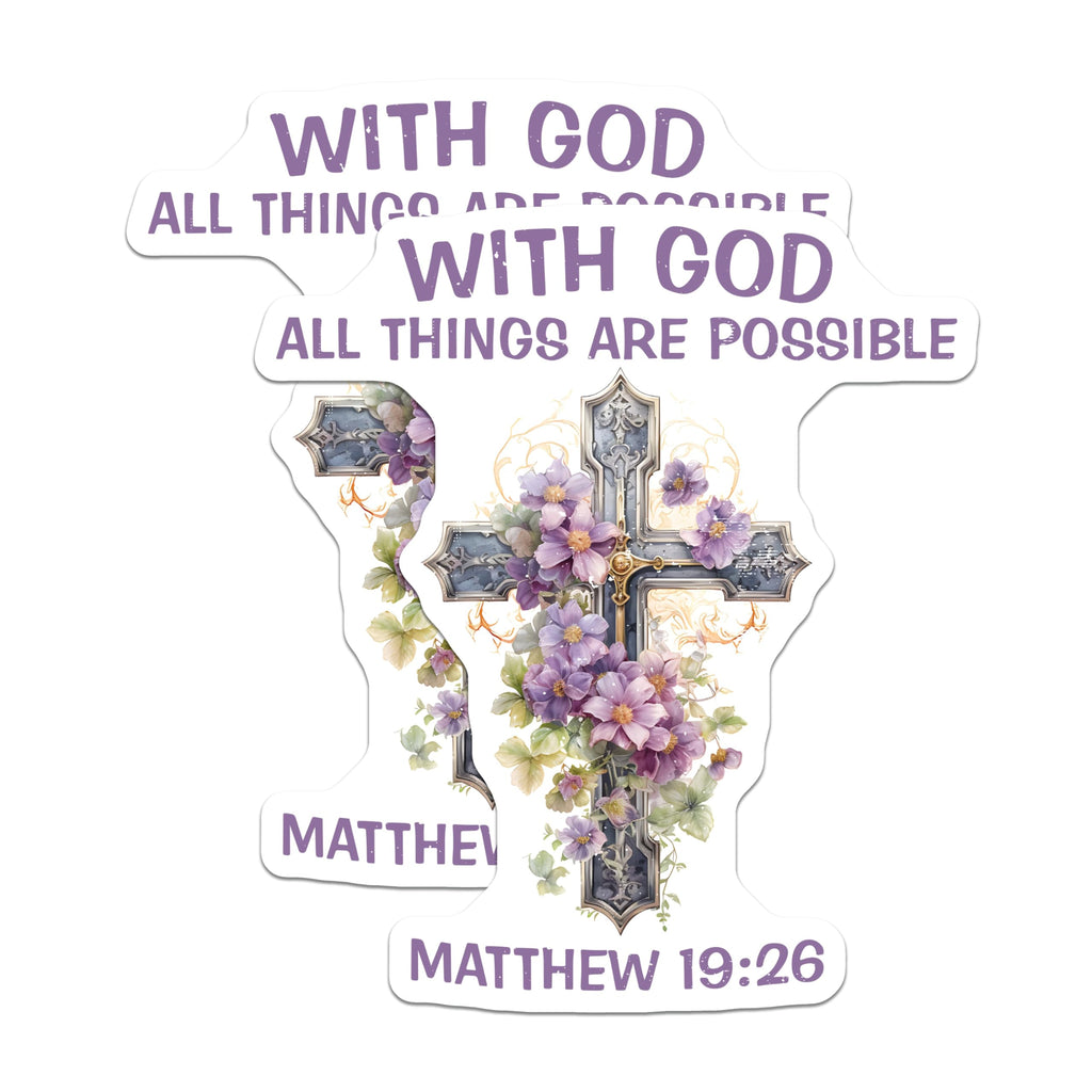 (2 Pack) Christian Cross Magnets - Matthew 19:26 Scripture - Floral Religious Faith Decor - 5 Inches On Longest Side - Thick Durable Magnet - Made in USA - MAG27707