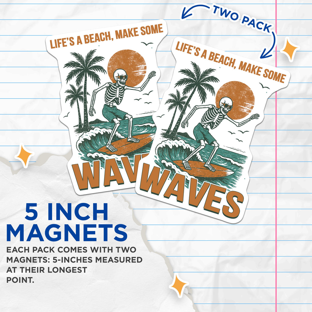 (2 Pack) Surfing Skeleton Magnets - Retro Beach Surfer - Humorous Coastal Vibes - Fridge Locker Decor Accent - 5 Inches On Longest Side - Thick Durable Magnet - Made in USA - MAG38242