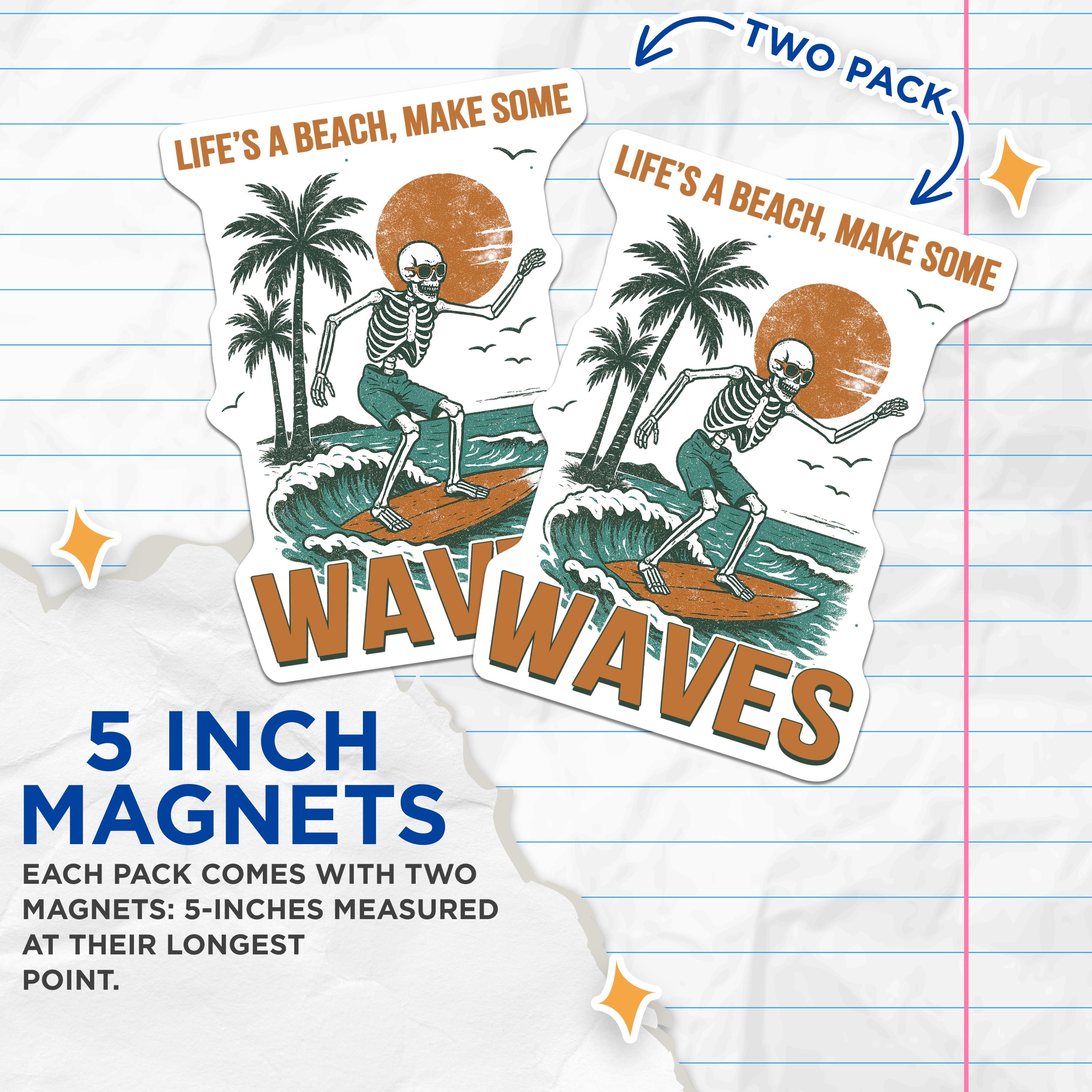 (2 Pack) Surfing Skeleton Magnets - Retro Beach Surfer - Humorous Coastal Vibes - Fridge Locker Decor Accent - 5 Inches On Longest Side - Thick Durable Magnet - Made in USA - MAG38242