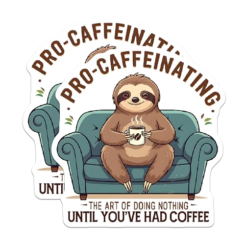 (2 Pack) Pro-Caffeinating Stickers - Funny Sloth Stickers - Coffee Lover Stickers - 5" On Longest Side - Sticks to Smooth Flat Surfaces - Made in USA - BMCS4252