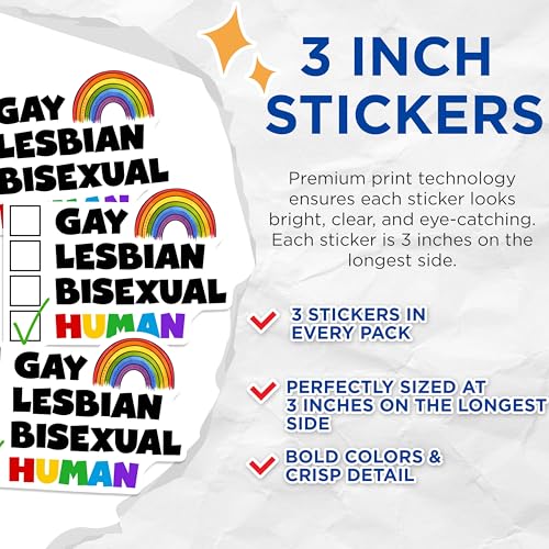 (3 Pack) LGBTQ Decals - Gay Lesbian Bisexual Pride - Human Equality Decals - 3 Inches On Longest Side - Easy Peel & Apply - Made in USA - 3MCS7044