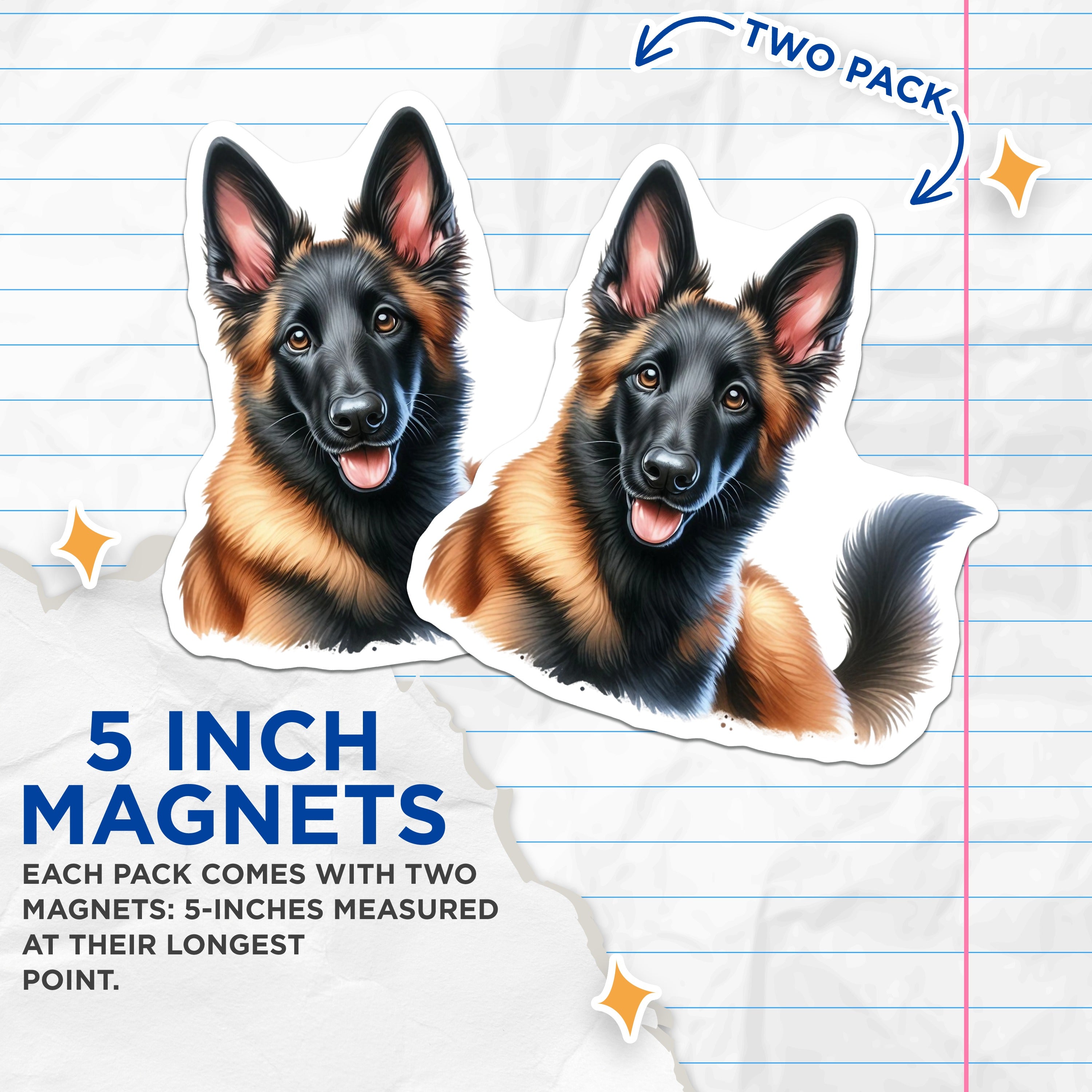 (2 Pack) Belgian Tervuren Magnets - Groenendael Puppy Art - Dog Mom Kitchen Decor - Animal Lover Home Accessory - 5 Inches On Longest Side - Thick Durable Magnet - Made in USA - MAG36753