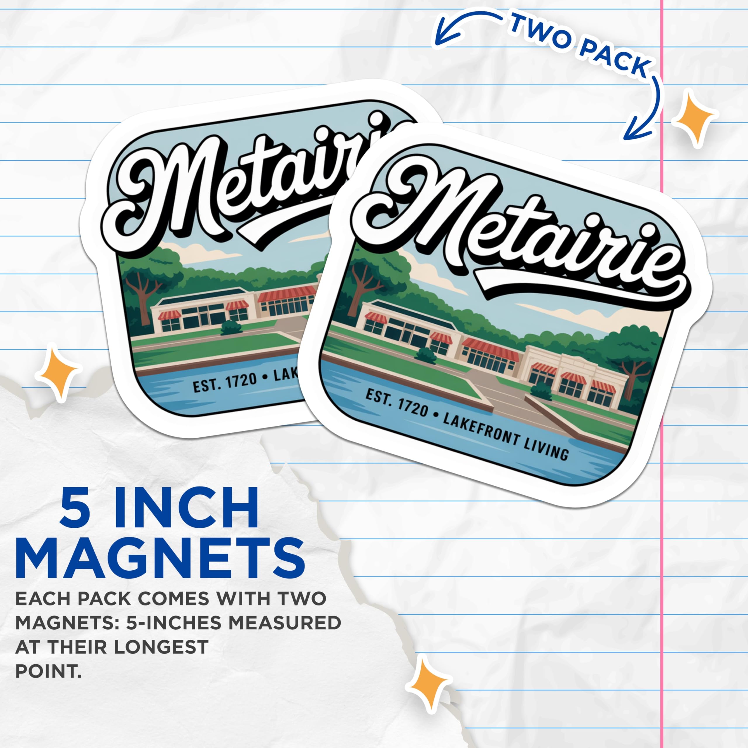(2 Pack) Metairie Louisiana Magnets - City Souvenir- Travel Memorabilia - 5" On Longest Side - Premium Magnet - for Cars, Refrigerators, Toolboxes, Lockers - Made in USA - MAG19000
