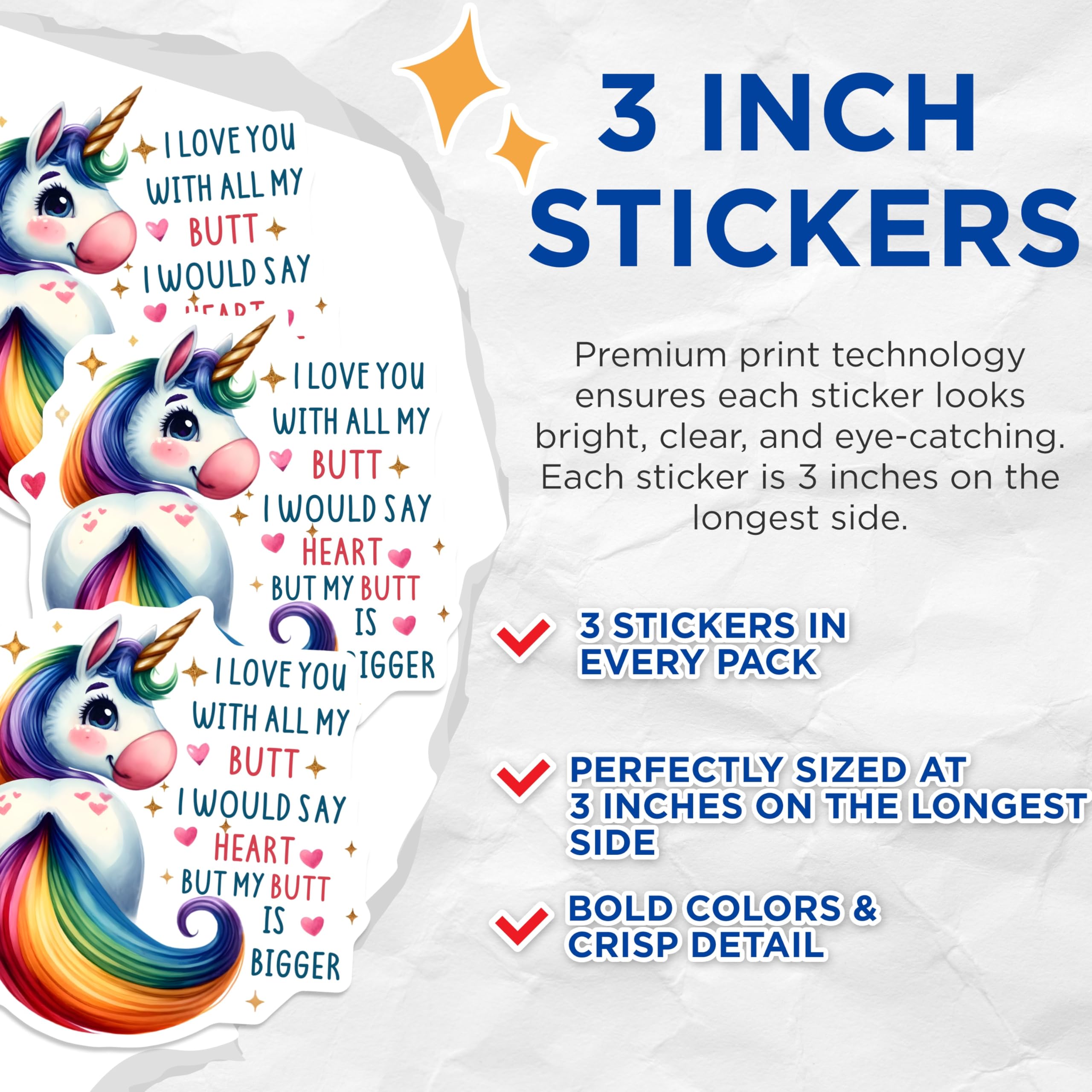 (3 Pack) Funny Unicorn Decals - I Love You Butt - Rainbow Unicorn - 3 Inches On Longest Side - Easy Peel & Apply - Made in USA - 3MCS2120