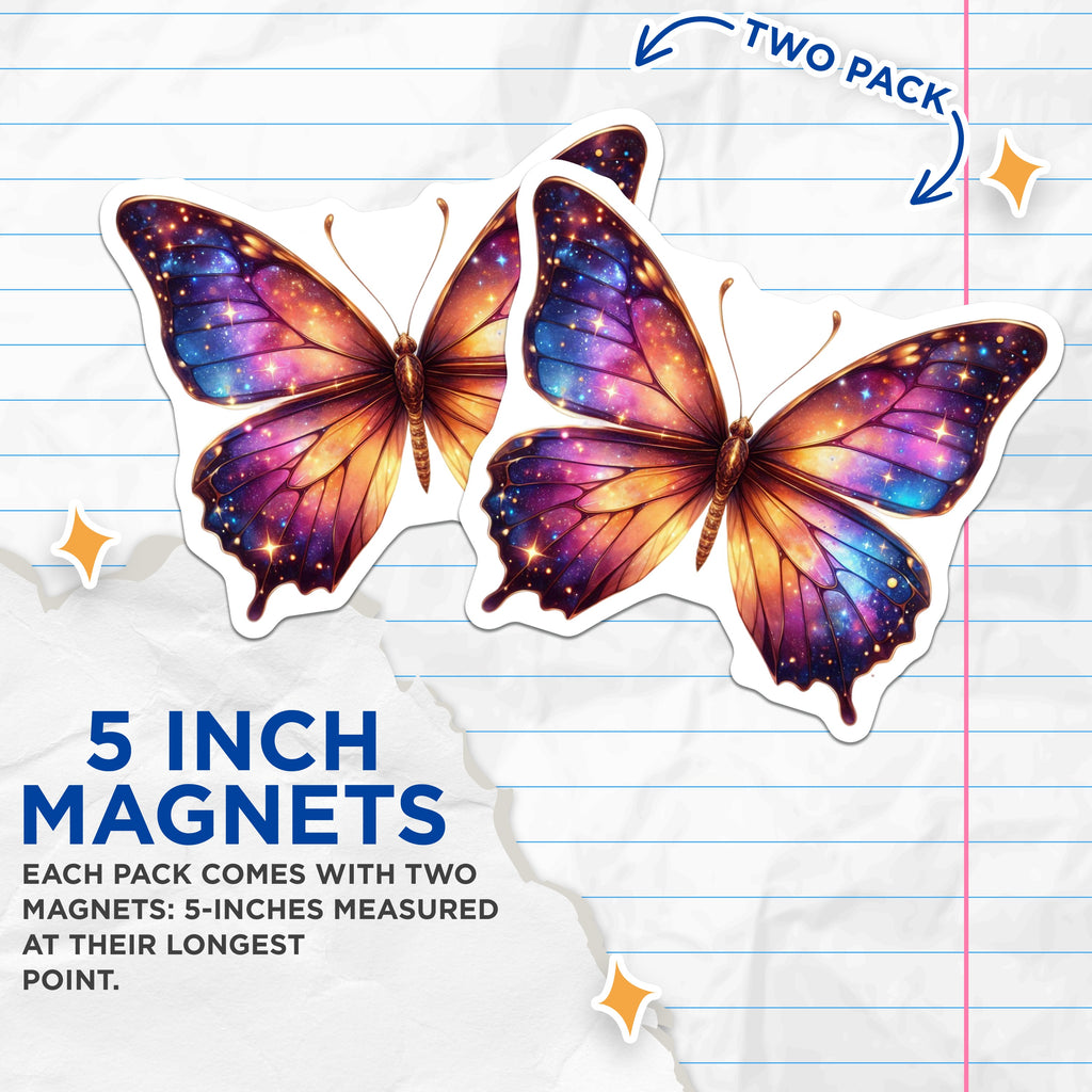 (2 Pack) Galaxy Butterfly Magnets - Celestial Decor - Whimsical Fridge Art for Women - 5 Inches On Longest Side - Thick Durable Magnet - Made in USA - MAG38983