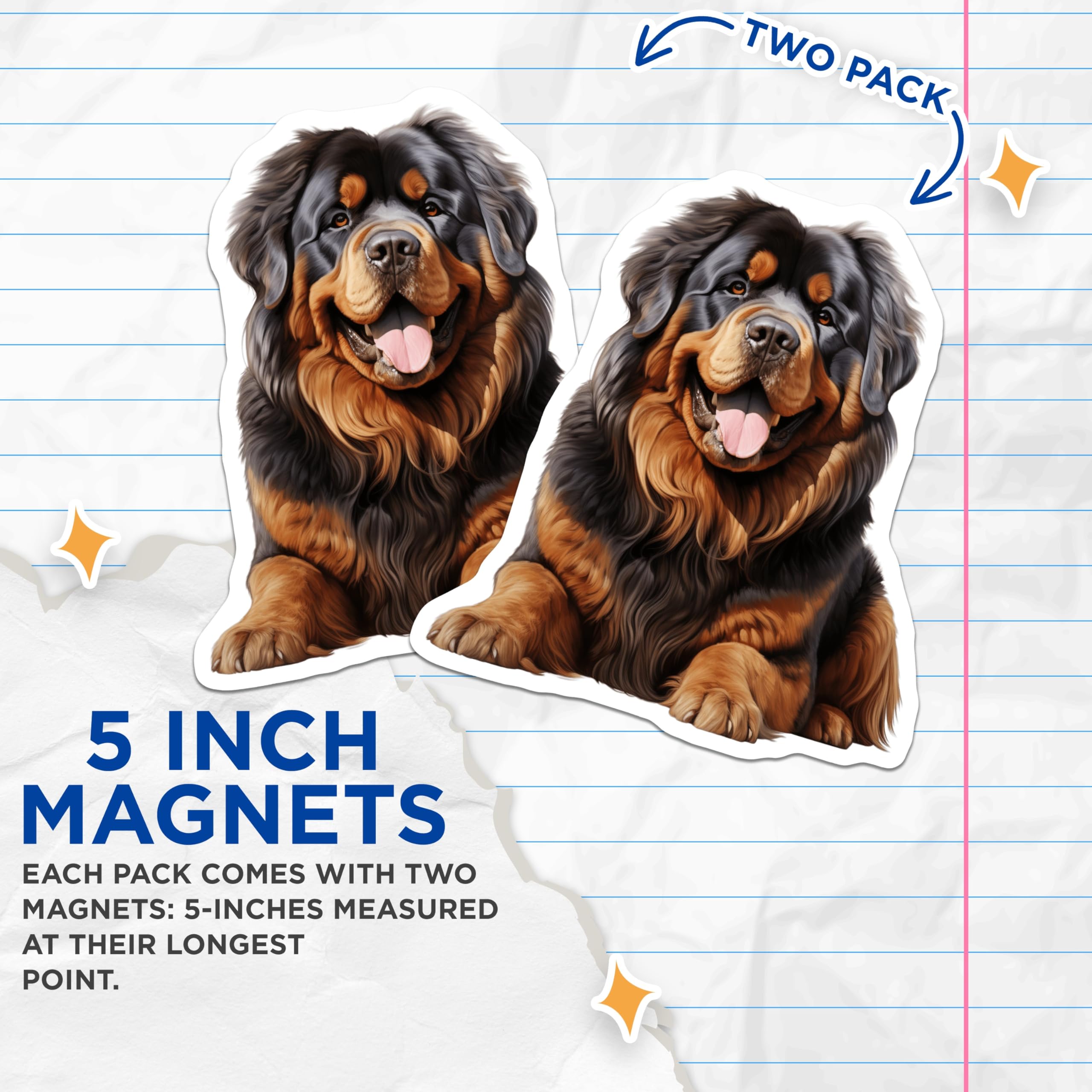 (2 Pack) Happy Fluffy Dog Magnets - Large Breed Pet Art - Tibetan Mastiff Dog Mom Dad - Animal Lover Decor - 5 Inches On Longest Side - Thick Durable Magnet - Made in USA - MAG27314