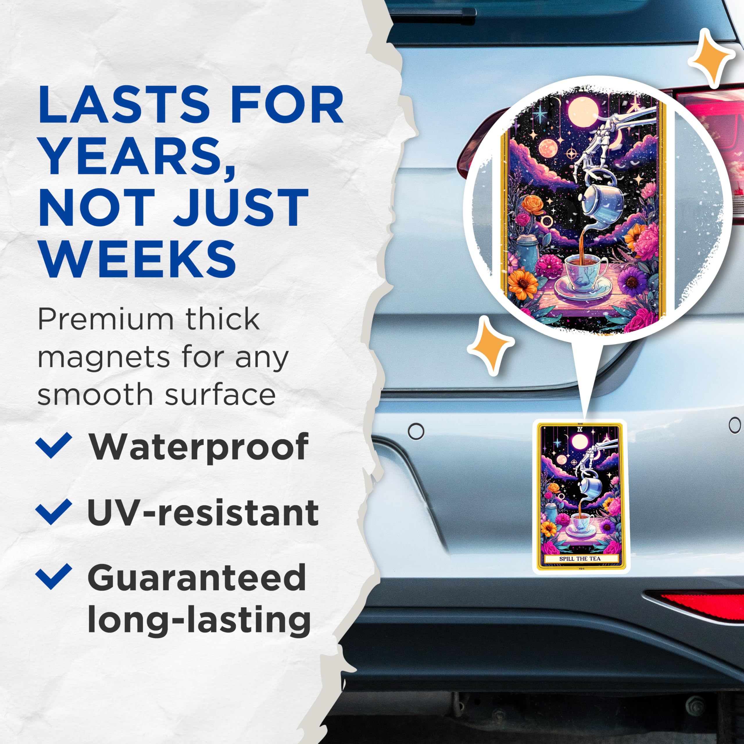 (2 Pack) Spill The Tea Magnets - Cosmic Tea Time - Skeleton Hand Tarot Card Art - 5 Inches On Longest Side - Thick Durable Magnet - Made in USA - MAG20316