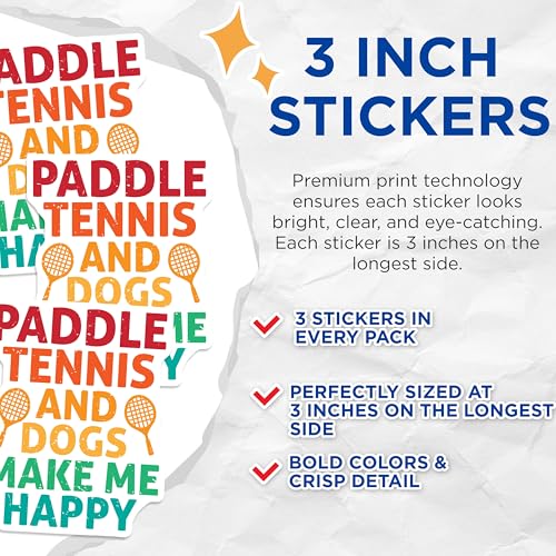 (3 Pack) Paddle Tennis Decals - Dog Lover - Happy Decals - 3 Inches On Longest Side - Easy Peel & Apply - Made in USA - 3MCS4013