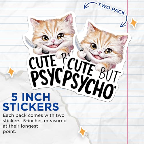 (2 Pack) Cute But Psycho Stickers - Funny Cat Stickers - Humorous Pet Stickers for Laptops and Notebooks - 5" On Longest Side - Sticks to Any Smooth Flat Surface - Made in USA - BMCS3460
