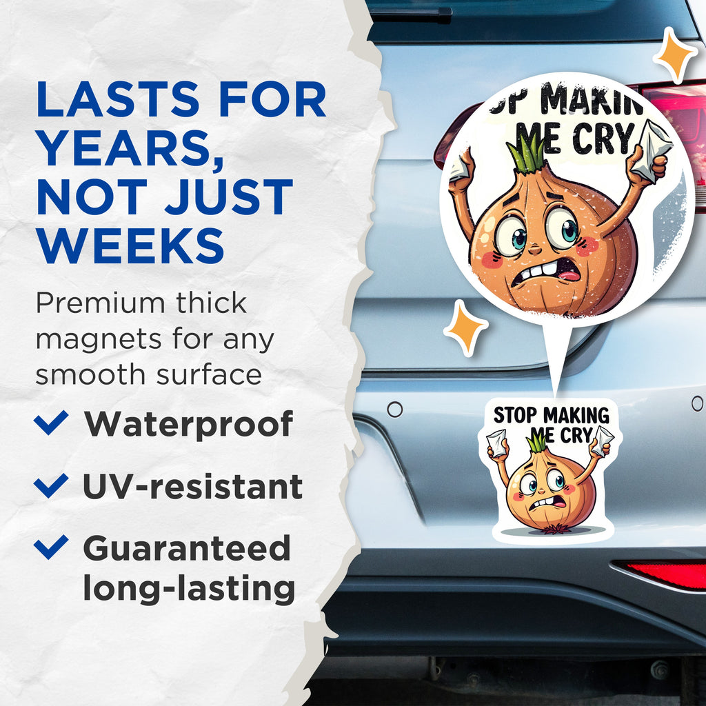 (2 Pack) Stop Making Me Cry Onion Magnets - Funny Kitchen Decor - Cooking Humor Refrigerator Magnet - Quirky Foodie Chef - 5 Inches On Longest Side - Thick Durable Magnet - Made in USA - MAG36449