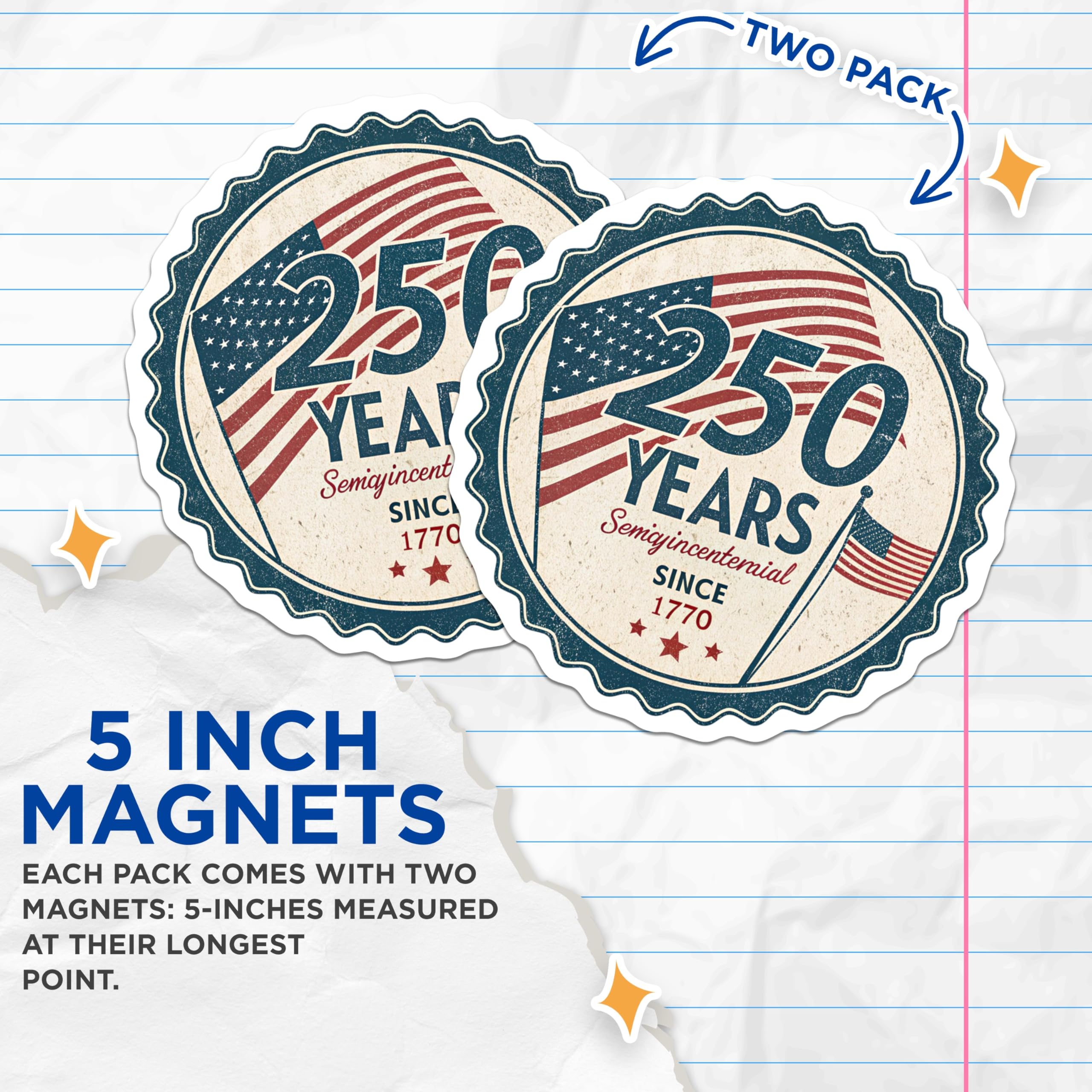 (2 Pack) 250 Years Semijubilee Magnets - Vintage American Flag Decor - Patriotic USA Since 1770-5 Inches On Longest Side - Thick Durable Magnet - Made in USA - MAG28934