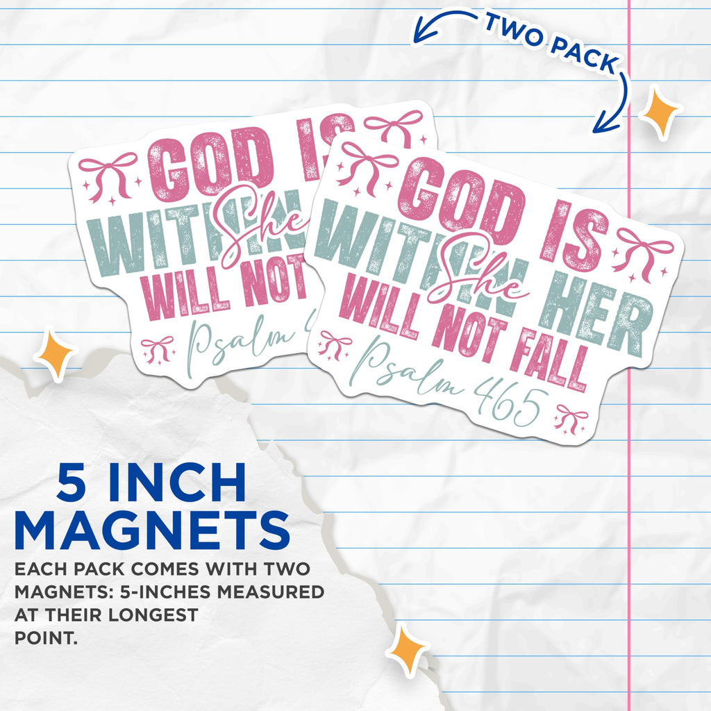 (2 Pack) Christian Faith Magnets - God is Within Her Scripture Quote - Inspirational Bible Verse Decor for Women - 5 Inches On Longest Side - Thick Durable Magnet - Made in USA - MAG29398