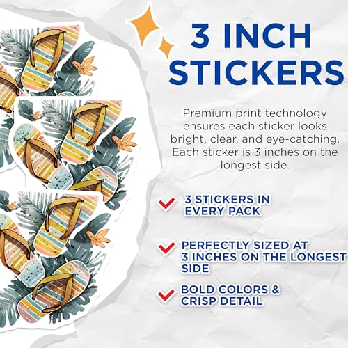 (3 Pack) Flip Flop Decals - Summer Beach Theme - Tropical Plant Decor - 3 Inches On Longest Side - Easy Peel & Apply - Made in USA - 3MCS8093