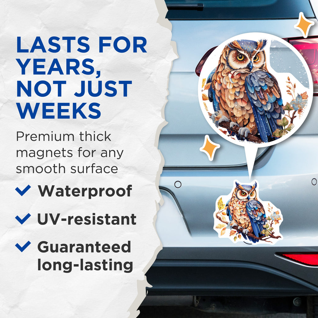 (2 Pack) Woodland Owl Magnets - Forest Animal Refrigerator Decor - Autumn Bird Art Accent - 5 Inches On Longest Side - Thick Durable Magnet - Made in USA - MAG39974