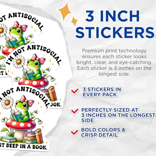 (3 Pack) Antisocial Frog Decals - Book Lover Sticker - Laptop Decal - 3 Inches On Longest Side - Easy Peel & Apply - Made in USA - 3MCS6383