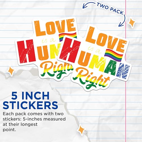(2 Pack) Love is a Human Right Stickers - Rainbow Right Stickers - LGBTQ Rights Stickers - 5" On Longest Side - Sticks to Smooth Flat Surfaces - Made in USA - BMCS4700
