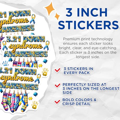 (3 Pack) Down Syndrome Awareness Decals - Socks and Ribbons - Advocacy Decal - 3 Inches On Longest Side - Easy Peel & Apply - Made in USA - 3MCS6967