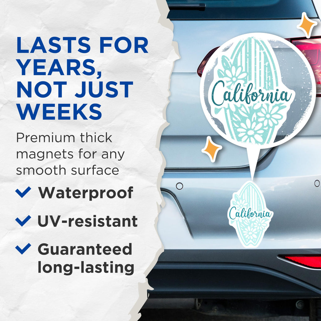 (2 Pack) California Surfboard Magnets - Beach Home Decor - Cali Flower Magnet Set - 5" On Longest Side - Premium Magnet - for Cars, Refrigerators, Toolboxes, Lockers - Made in USA - MAG18532