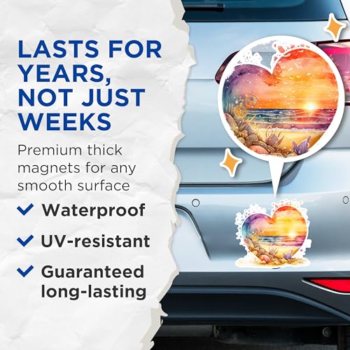 (2 Pack) Beach Sunset Heart Magnets - Ocean Wave Magnets - Coastal Scenery Magnets- 5" On Longest Side - for Fridges, Toolboxes, Cars - Made in USA - MAG2853