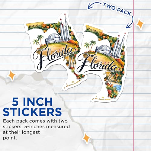 (2 Pack) Florida Vacation Stickers - Space Travel - Palm Trees Adventure - 5" On Longest Side - Sticks to Smooth Flat Surfaces - Made in USA - BMCS6300