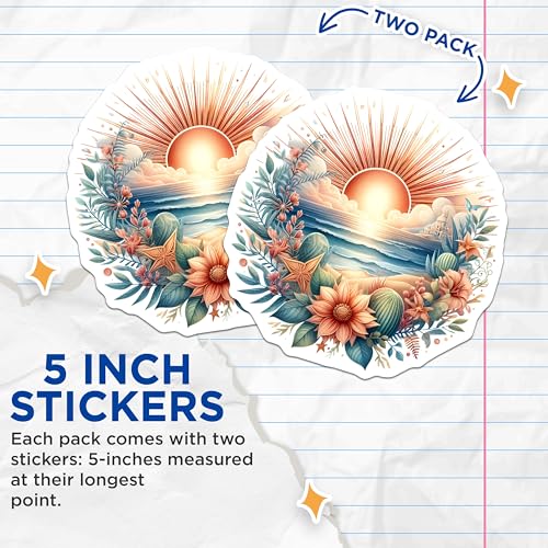 (2 Pack) Sunset Beach Stickers - Coastal Floral Art - Nature Scene Decal - 5" On Longest Side - Sticks to Smooth Flat Surfaces - Made in USA - BMCS9289