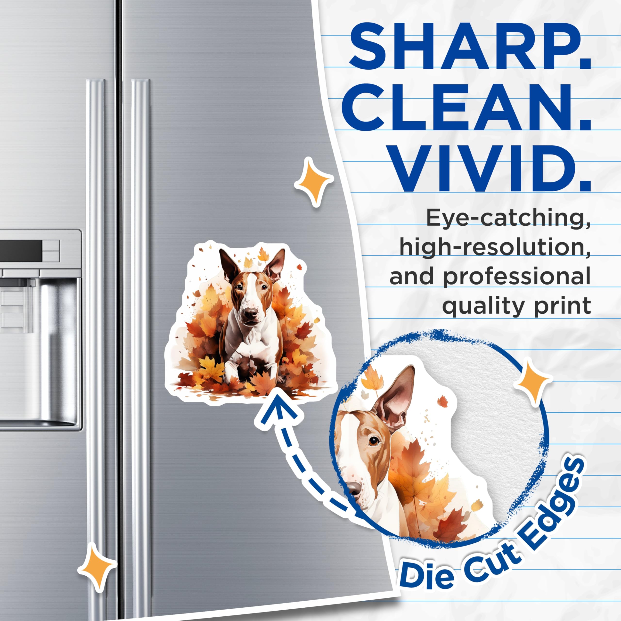 (2 Pack) Bull Terrier Magnets - Autumn Dog Decor - Fall Leaves Art for Fridge - 5 Inches On Longest Side - Thick Durable Magnet - Made in USA - MAG25119